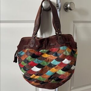Lucky Brand Vintage Inspired Leather Scalloped Mulitcolor Handbag Tote
